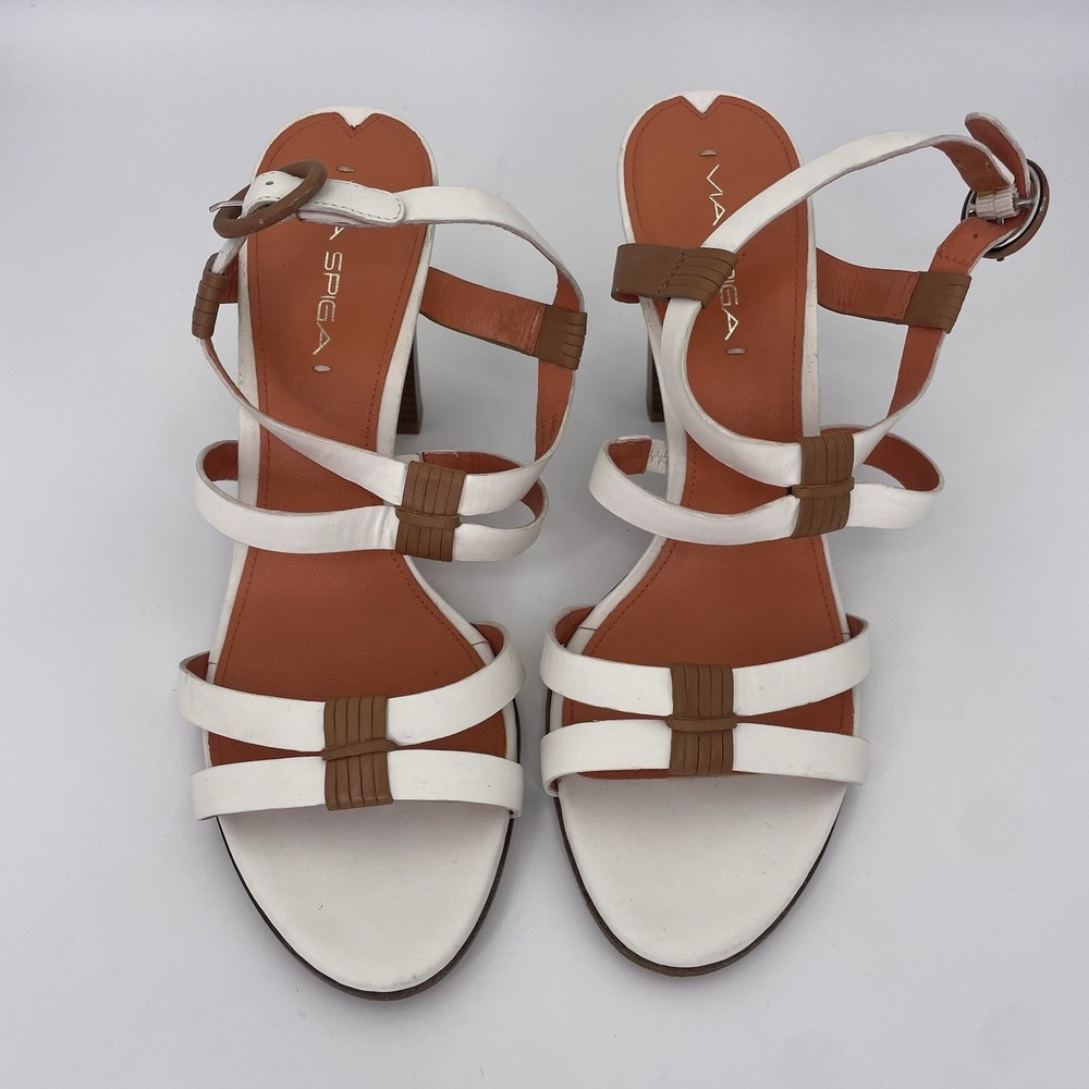 Via Spiga Sz 9 Strappy White & Brown Heels Stiletto Sandals Italian Leather - Picture 6 of 13